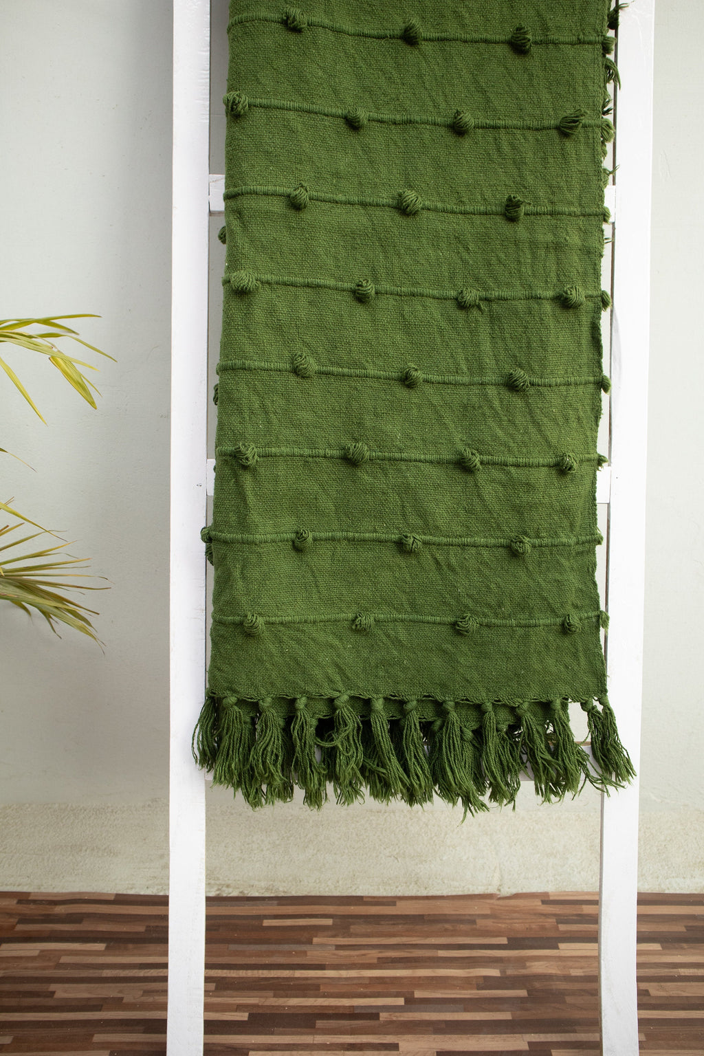 Handloom Cotton Deep Green Cotton Throw Blanket Chunky Loops, 52x72 Inch