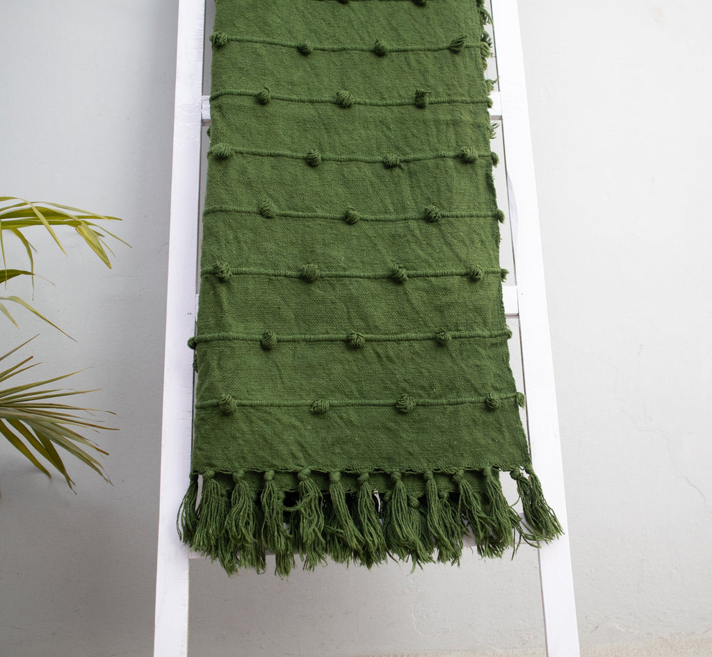 Handloom Cotton Deep Green Cotton Throw Blanket Chunky Loops, 52x72 Inch