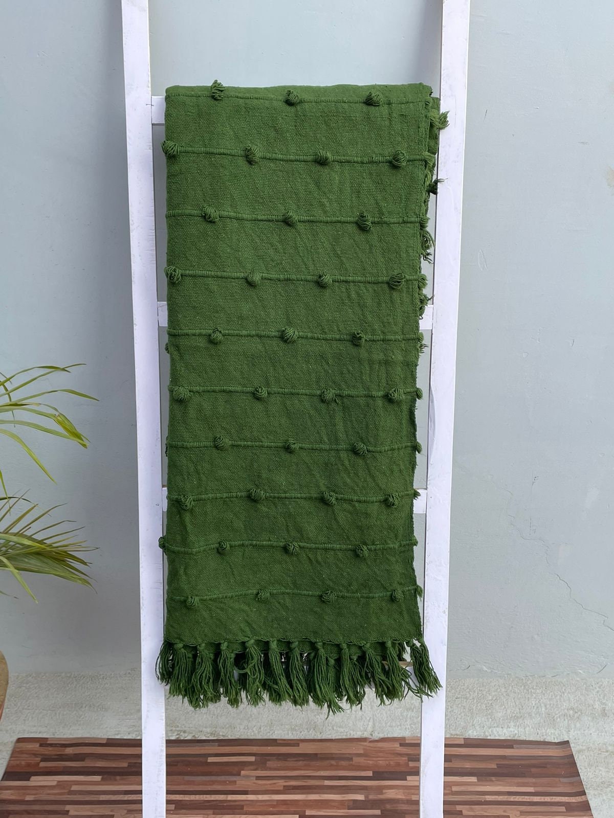 Handloom Cotton Deep Green Cotton Throw Blanket Chunky Loops, 52x72 Inch