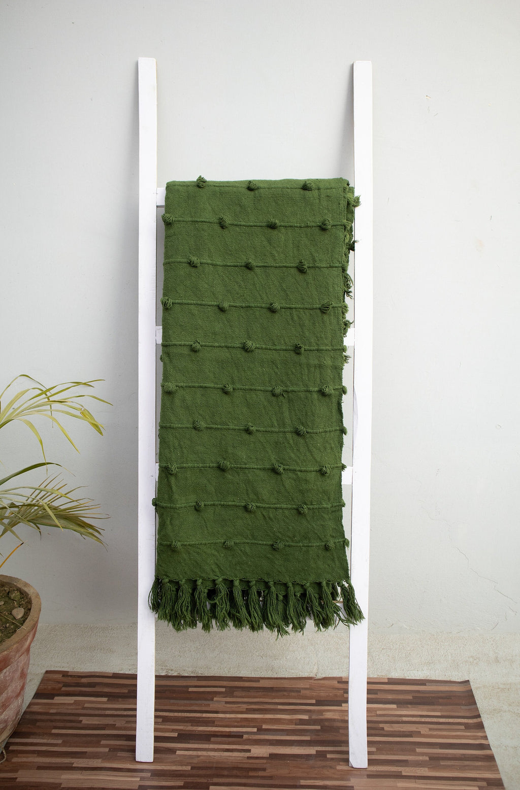 Handloom Cotton Deep Green Cotton Throw Blanket Chunky Loops, 52x72 Inch