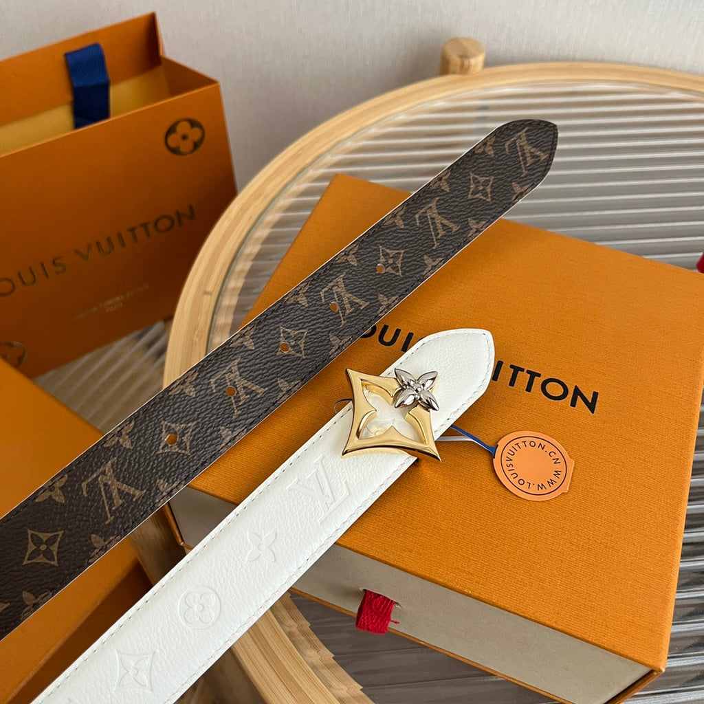 LV Flowergram 30mm Reversible Belt White Brown Empreinte Calfskin