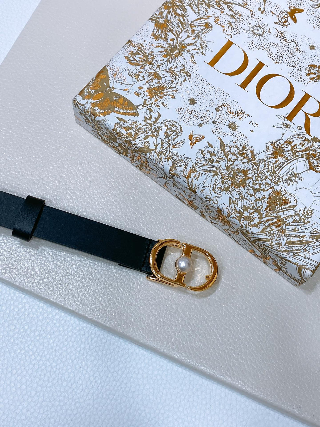 CD Montaigne Belt 20mm Black Calfskin Pearl Gold Buckle