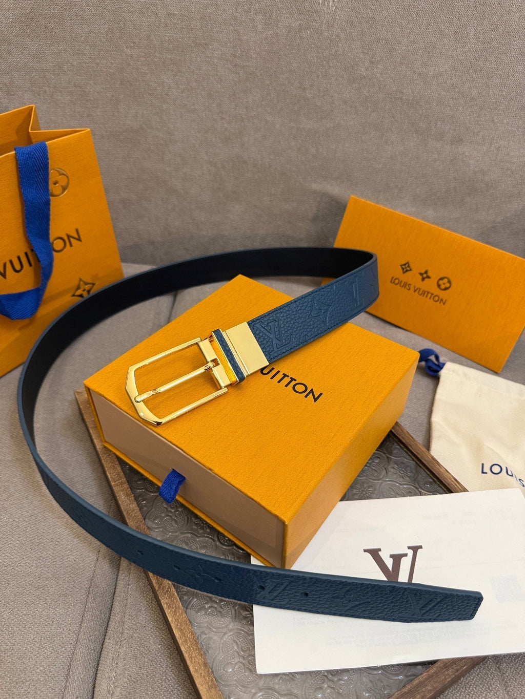 LV Slender Men Belt 35mm Deep Blue Embossed Monogram Leather Light GHW