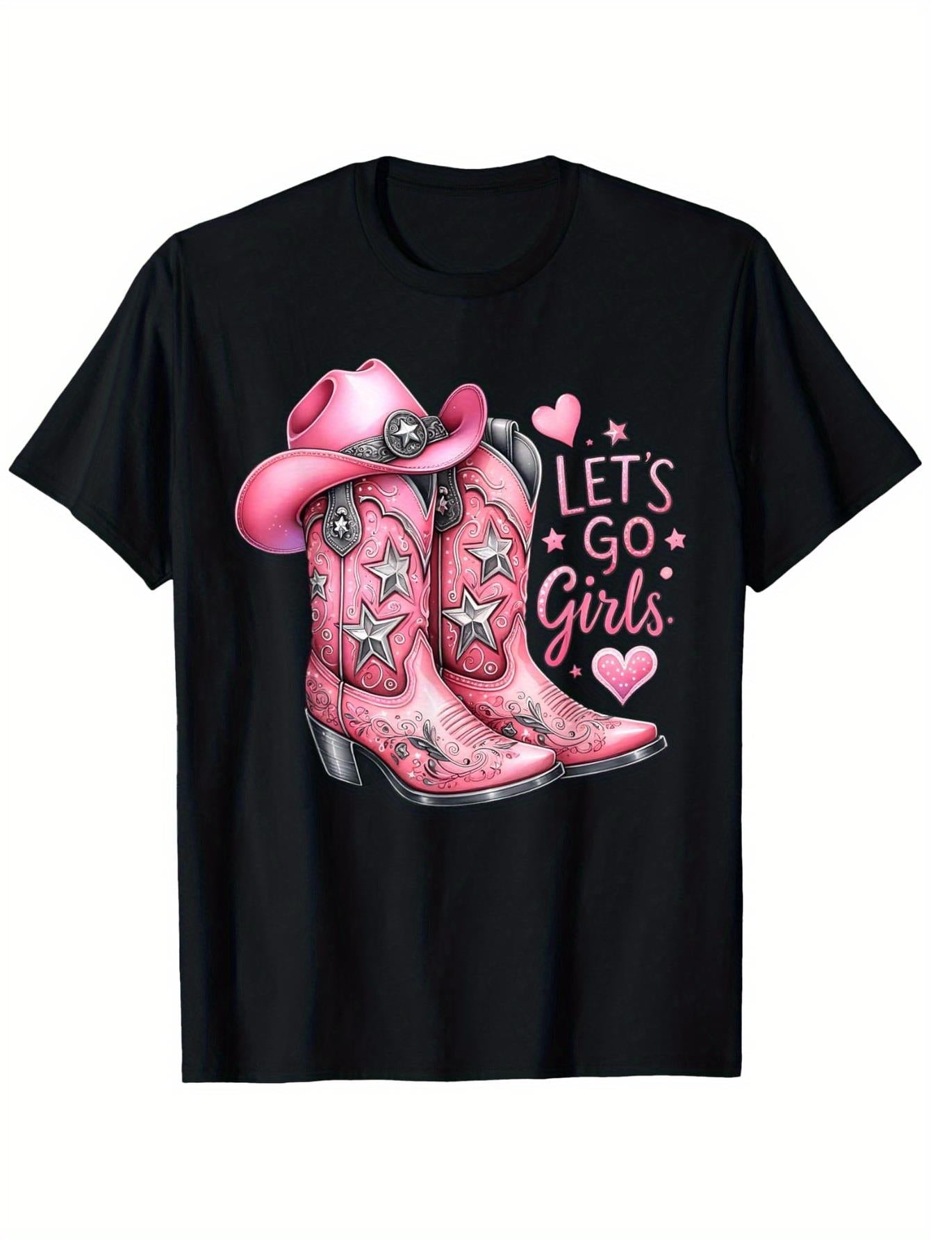 Men'S Western Cowgirl Rodeo Let'S Go Girls Graphic T-Shirt - Funny Cowboy Boot And Horseshoe Design with Pink Cowgirl Hat And Hearts, 100% 180Gsm Heavyweight Casual Round Neck Tee for Country Music Festivals, Rodeo Events And Themed Parties (S-XXXL)