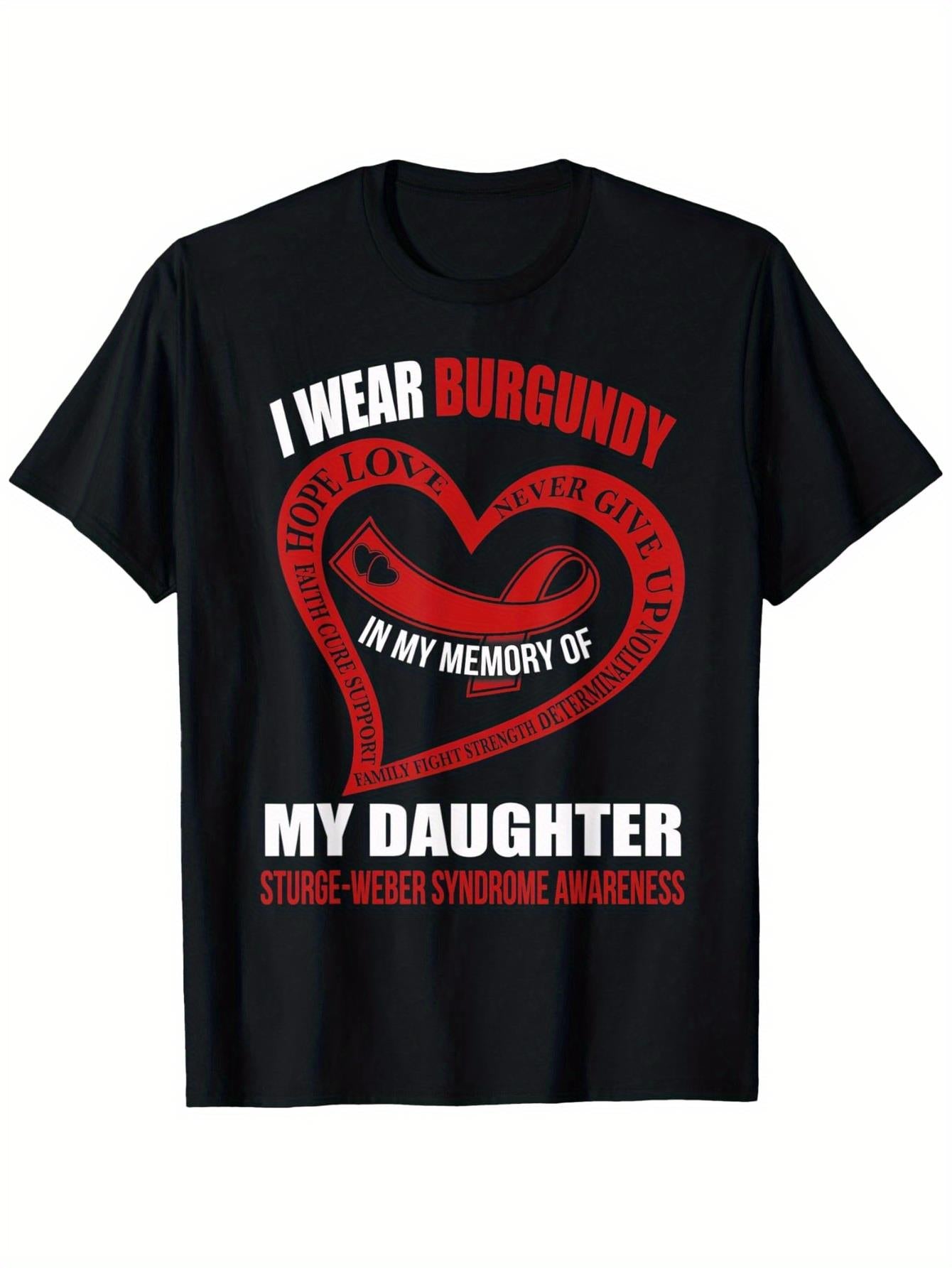 Men's Sturge-Weber Syndrome Awareness T-Shirt - In Memory of My Daughter Graphic Tee with Port-Wine stain Symbol & Ribbon Design, Heavyweight 180gsm Casual Round Neck Short Sleeve Shirt for SWS Support, Fit Durable for all-Season
