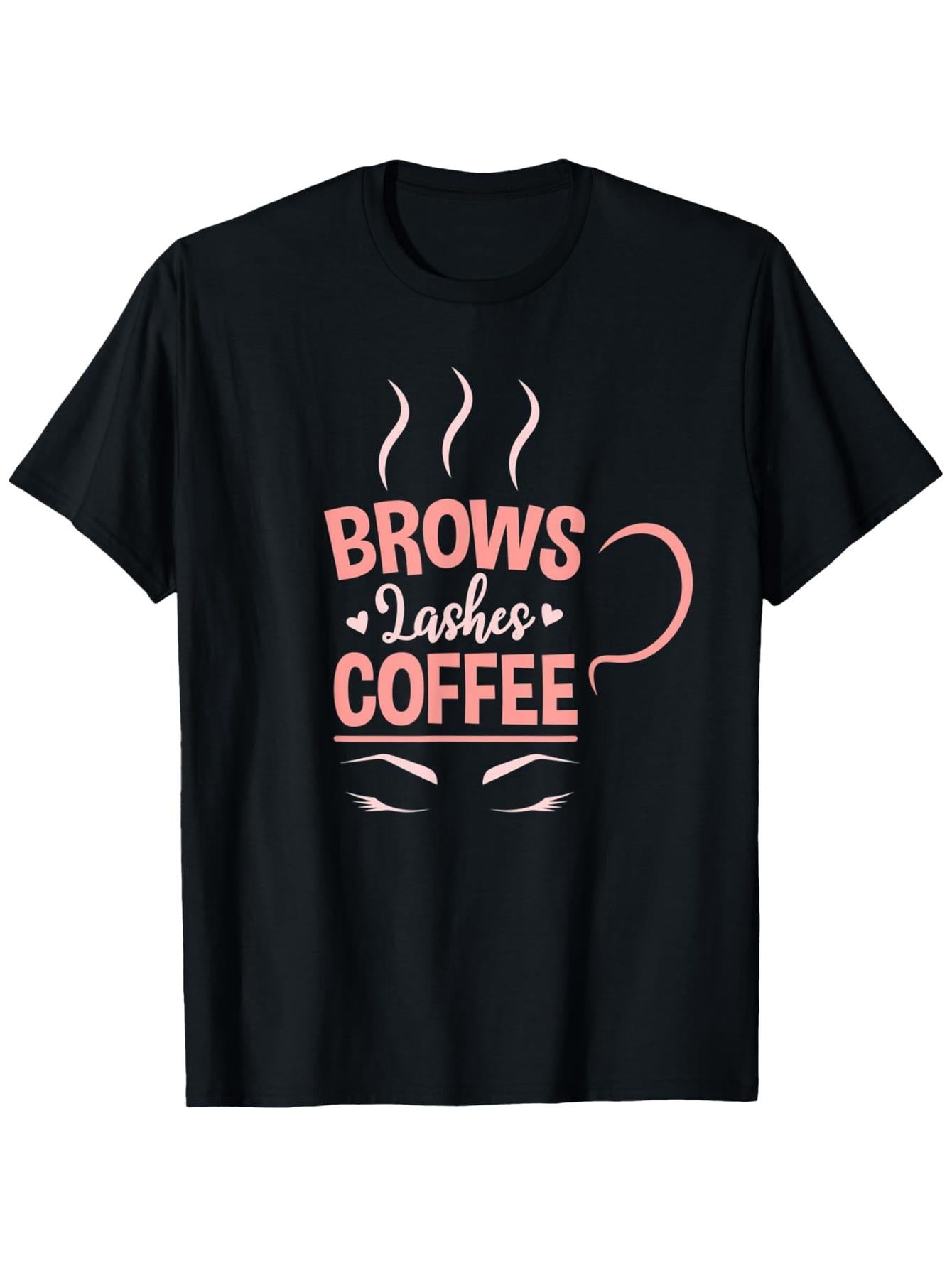 MenS Funny Eyelash Graphic T-Shirt - Brows Lashes Coffee Design, 100% 180gsm Soft Round Neck Tee, Casual Comfort Fit Short Sleeve Shirt for All Seasons( S-XXXL), Eyelash Technician Shirt, Playful Print Top, Comfortable Fit Shirt, Everyday Outfit