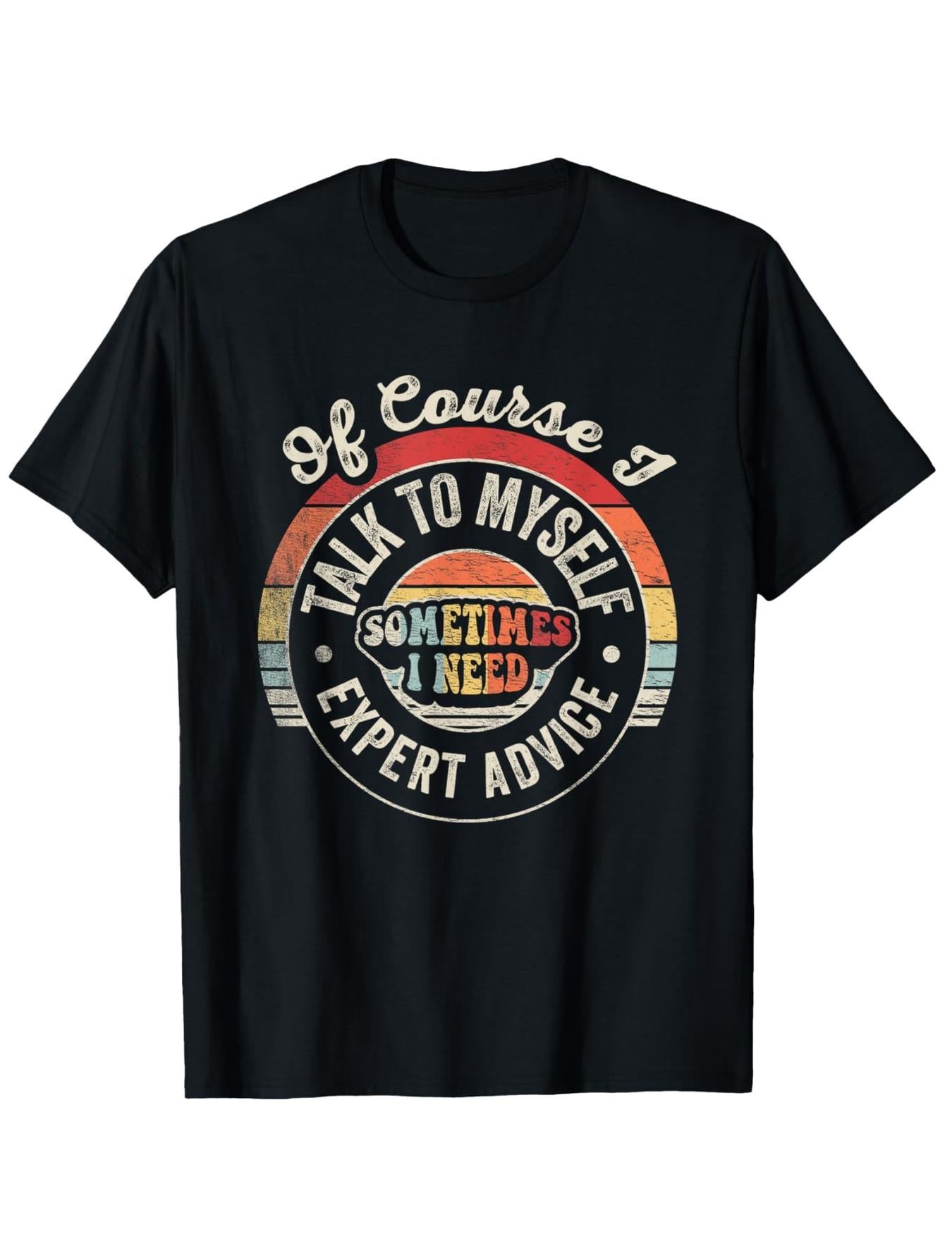 Men'S Black Vintage Graphic T-Shirt - of Course I TALK TO MYSELF Design with Retro Circular Background, Short Sleeve, Crew Neck, Distressed Look, Perfect for Casual Wear & Everyday Style, Unique 70S80S Inspired Fashion