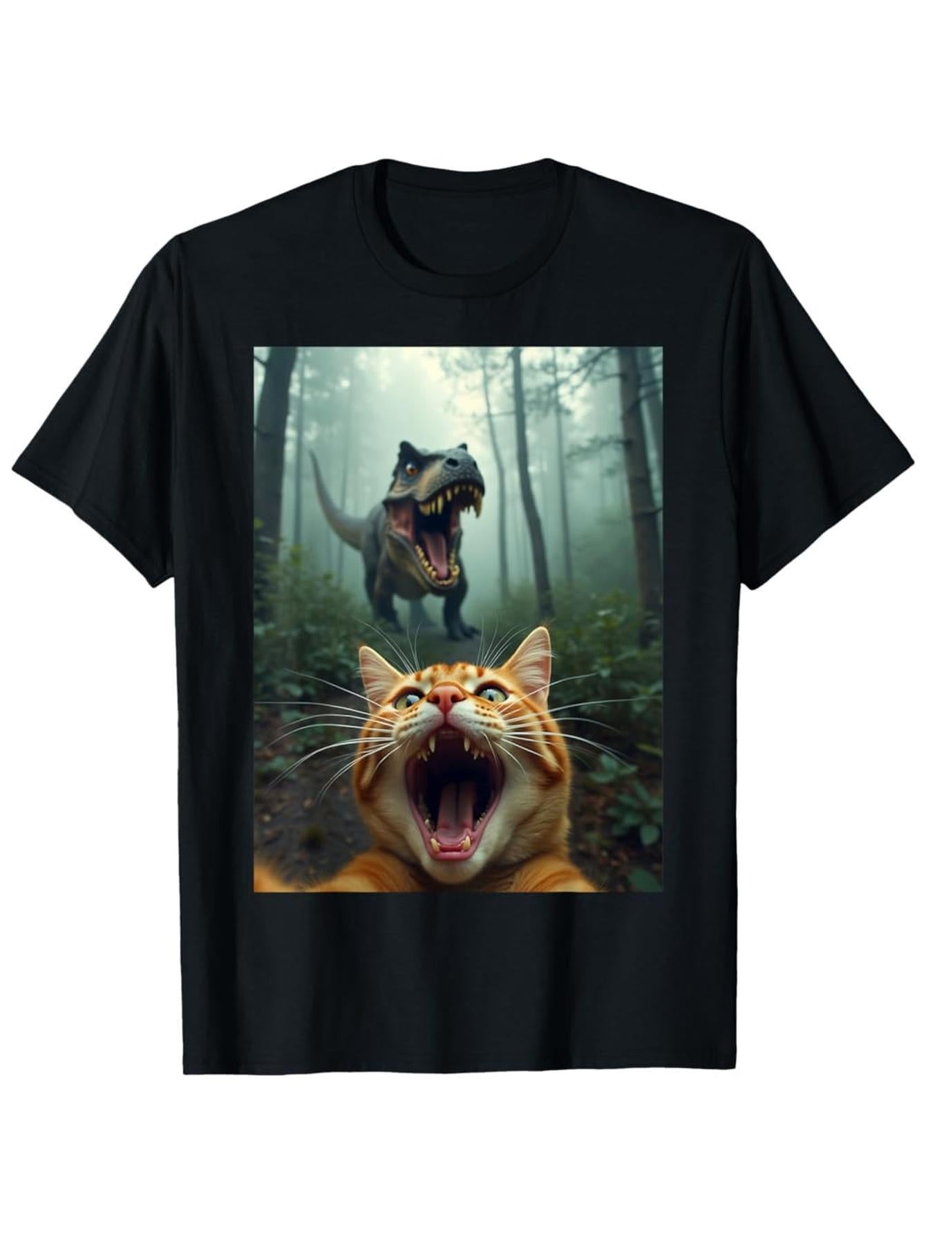 Men'S Misty Forest Graphic Tee - Showcasing a Vibrant Orange Cat And T-Rex Illustration, Casual Short Sleeves, Lightweight And Ideal for Outdoor Activities, A Unique Combination of Humor And Nature Visuals