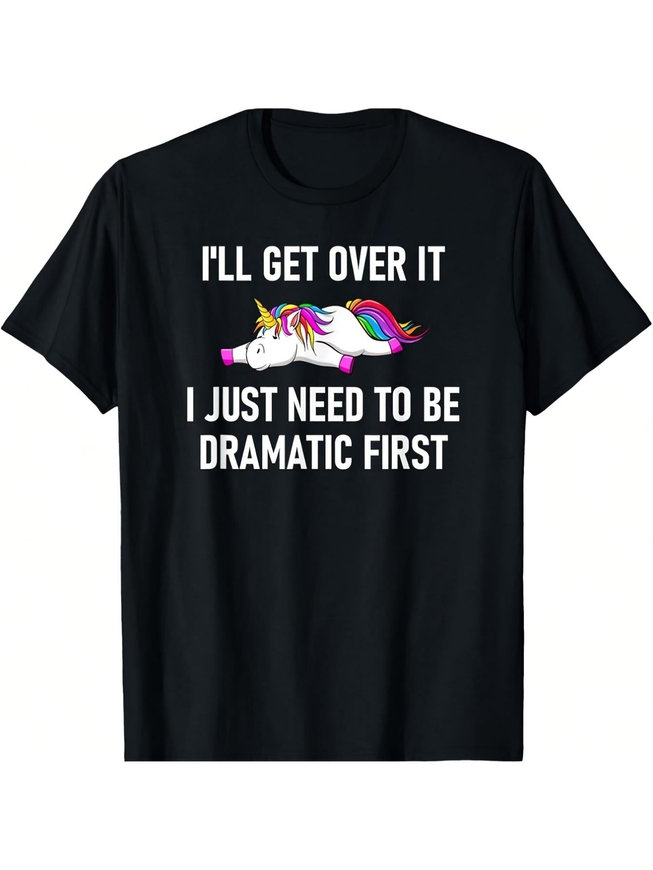 s Unicorn-Themed Black T-Shirt with Rainbow Mane & I Get Over It Slogan - 100% Cotton Casual Short Sleeve Shirt, Funny Drama Quote & Unicorn Design for s, Themed Parties & Casual Attire, Statement Tee, Everyday Outfit, Playful Graphic Tee