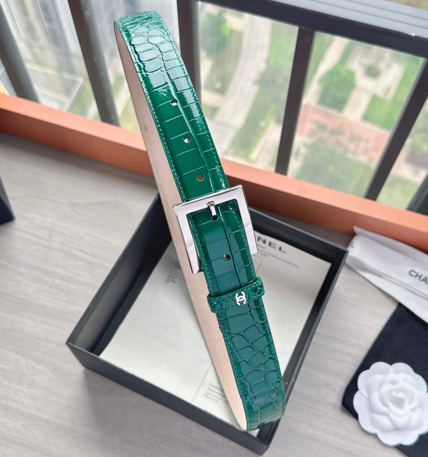 CC Belt 3cm Teal Green Sliver Embossed Crocodile Pattern Leather 202812