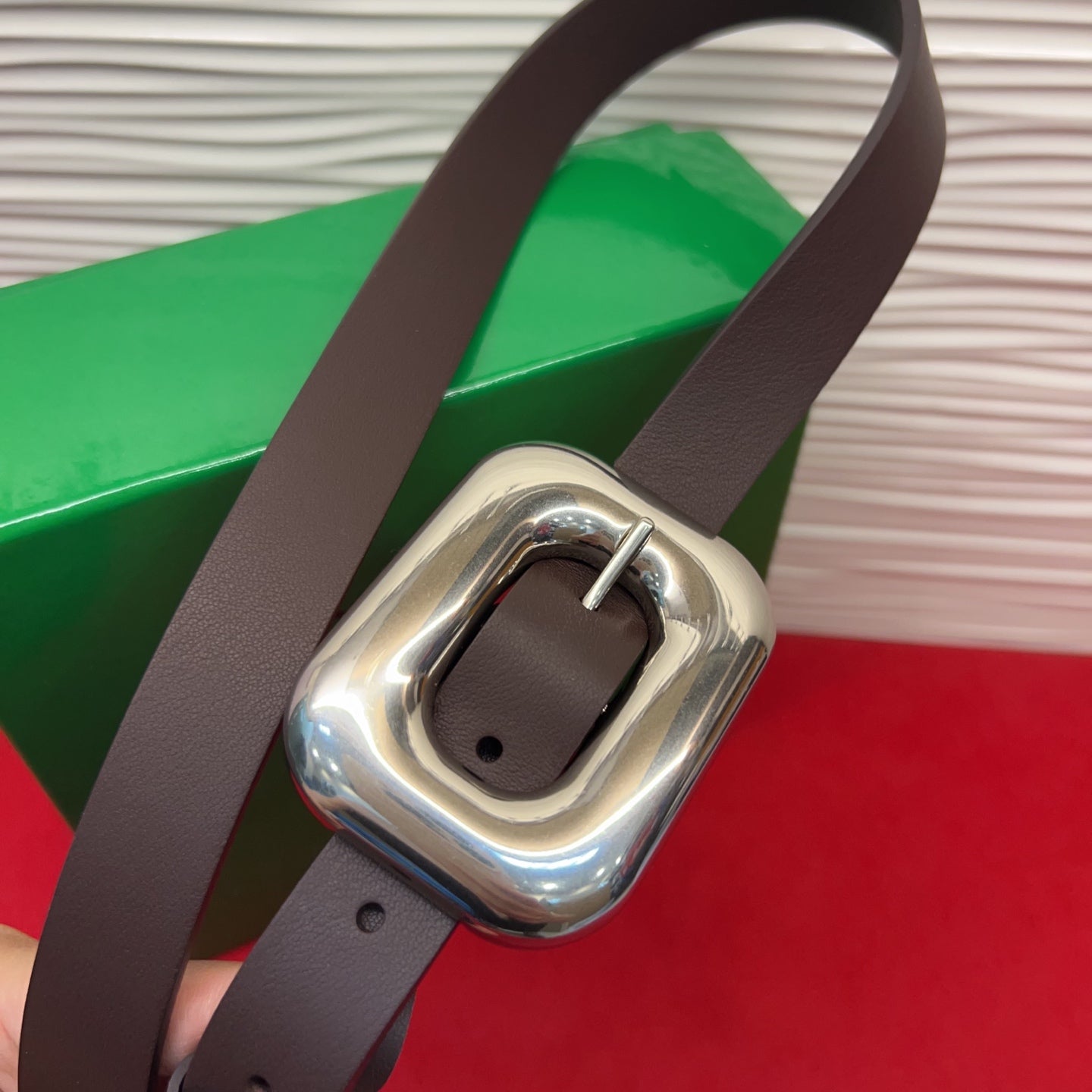 BV Chain Link Belt 2cm Coffee Sliver Grain Cowhide 202800