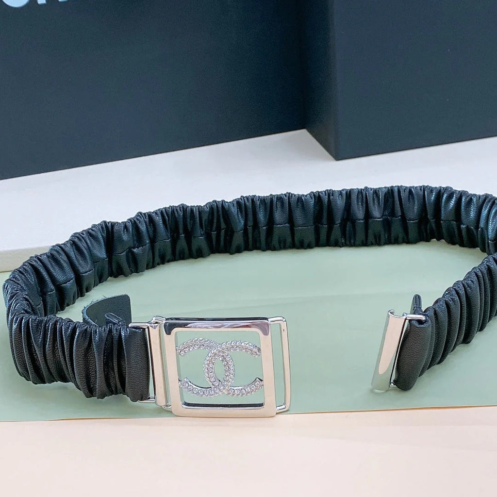 Chanel Rhinestones CC Square Buckle Belt Black Silver in Calfskin 205356