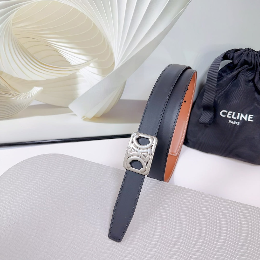 CL MEDIUM 25 MM REVERSIBLE FRAMED TRIOMPHE BELT BLACK AND BRONZE BROWN CALFSKIN SILVER HARDWARE