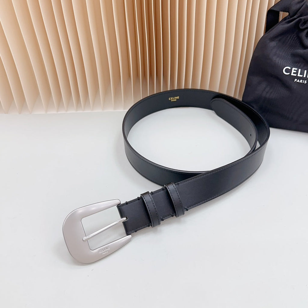 LARGE WESTERN 35 MM BELT BLACK CALFSKIN SILVER HARDWARE