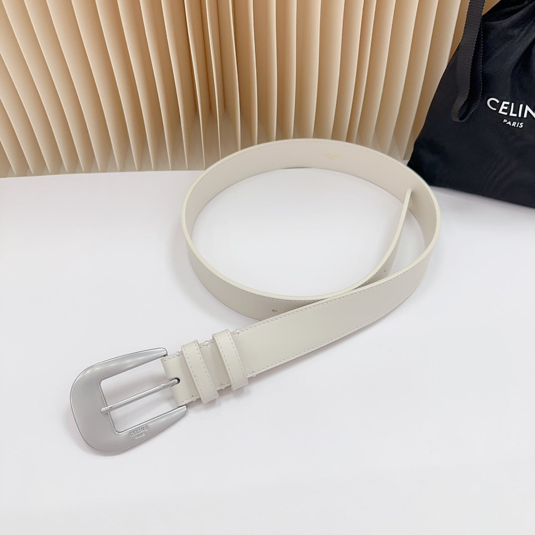 LARGE WESTERN 35 MM BELT WHITE CALFSKIN SILVER HARDWARE