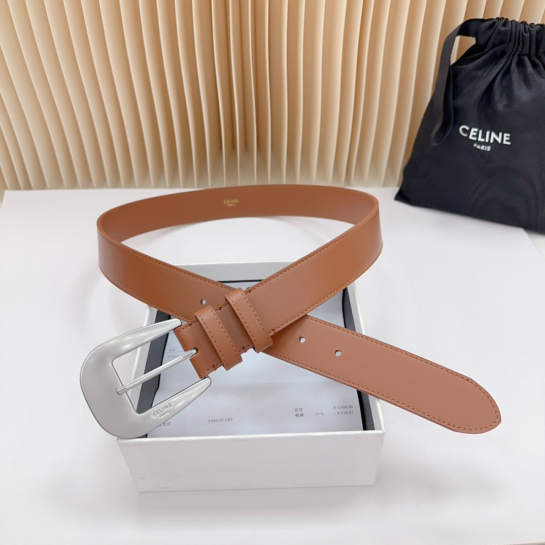 LARGE WESTERN 35 MM BELT BRONZE BROWN CALFSKIN SILVER HARDWARE