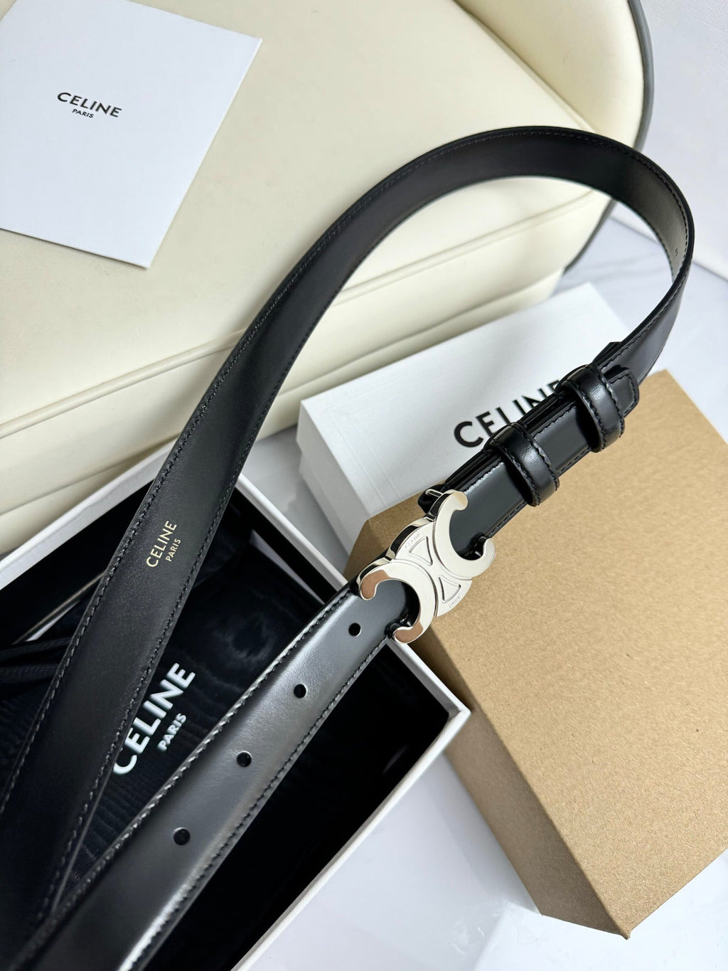 MEDIUM TRIOMPHE BELT 25MM BLACK LEATHER SILVER HARDWARE