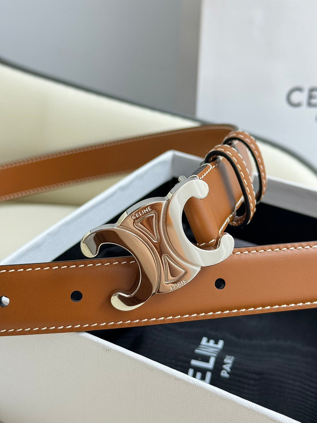 MEDIUM TRIOMPHE BELT 25MM BRONZE BROWN LEATHER SILVER HARDWARE