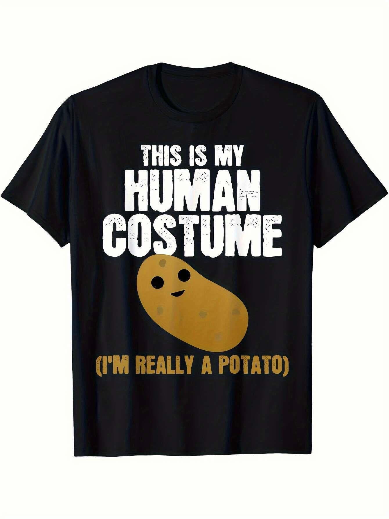 Funny "This Is My Human Costume I'm Really a Potato" Men's T-Shirt - 2024 Printed Funny Costume Party Outfit, Casual Short Sleeve Round Neck Tee for Year-Round Wear & Potato-Themed Events (Machine Washable)