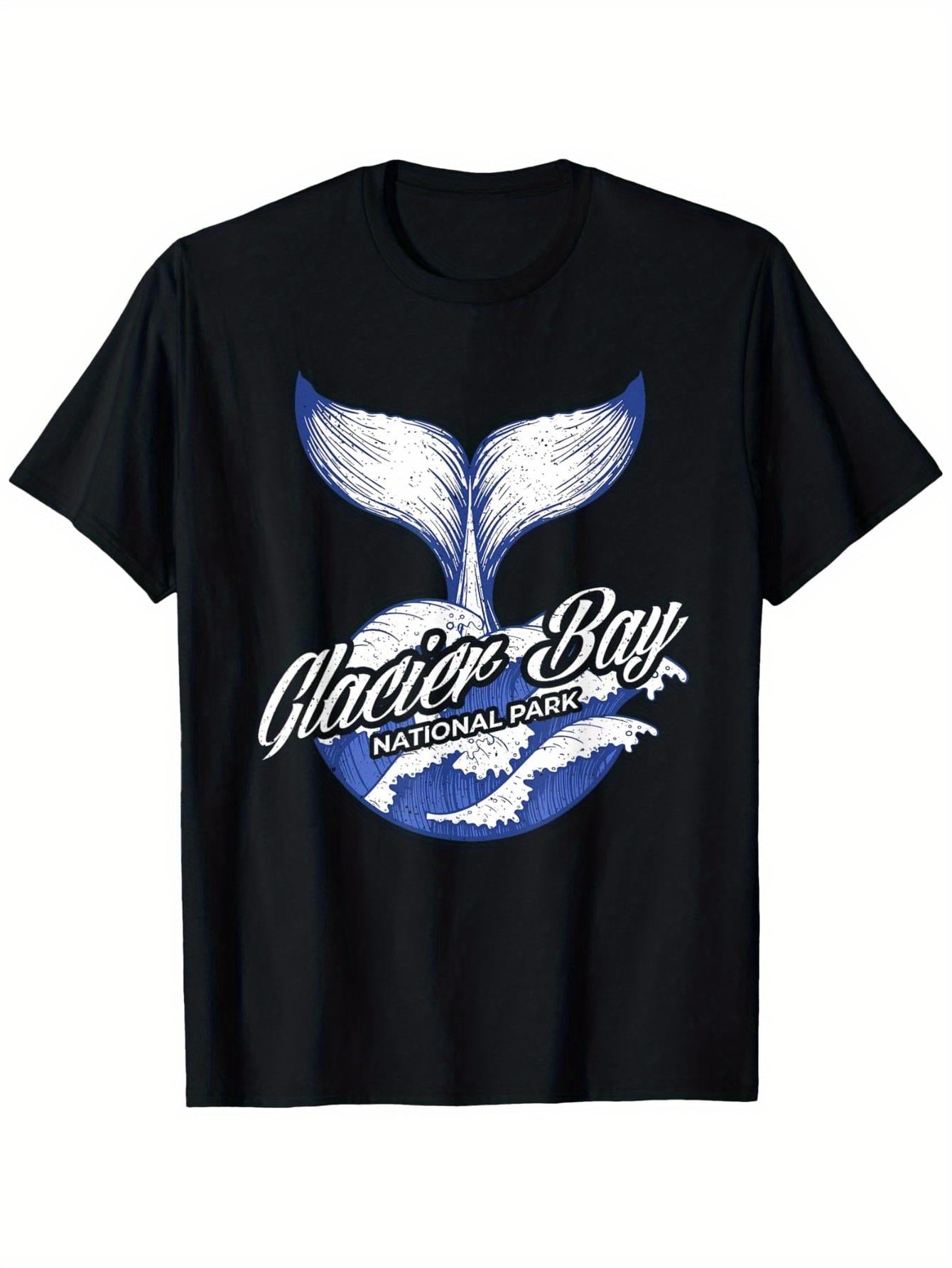 Vintage Whale Tail and Ocean Waves Glacier Bay Alaska T-Shirt, MenS Black Printed Cotton T-Shirt, Short Sleeve, 180g, Slightly Elastic, Non-Fading, Sizes S-XXXL, Streetwear Style, Everyday Tshirt, Vintage Design, Retro Style, Durable Shirt, Soft