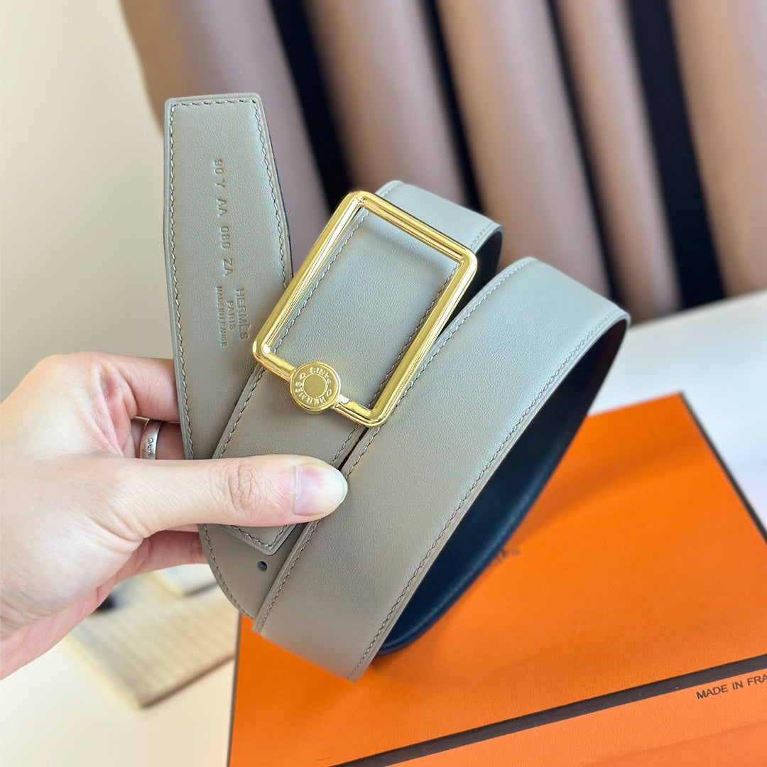 TUBE H BELT BUCKLE & REVERSIBLE KHAKI BROWN AND BLACK LEATHER STRAP 38MM GOLD HARDWARE