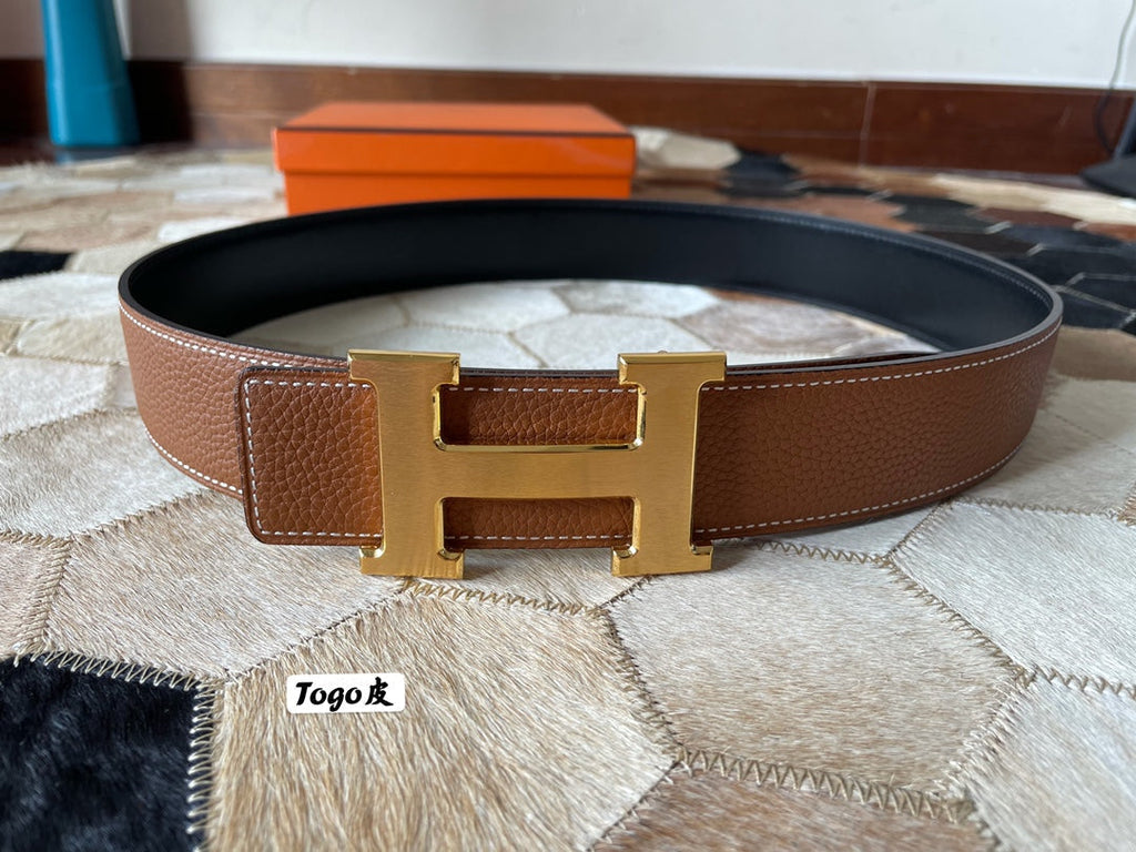 HM CONSTANCE BELT BUCKLE & REVERSIBLE BRONZE BROWN LEATHER STRAP 38MM GOLD HARDWARE