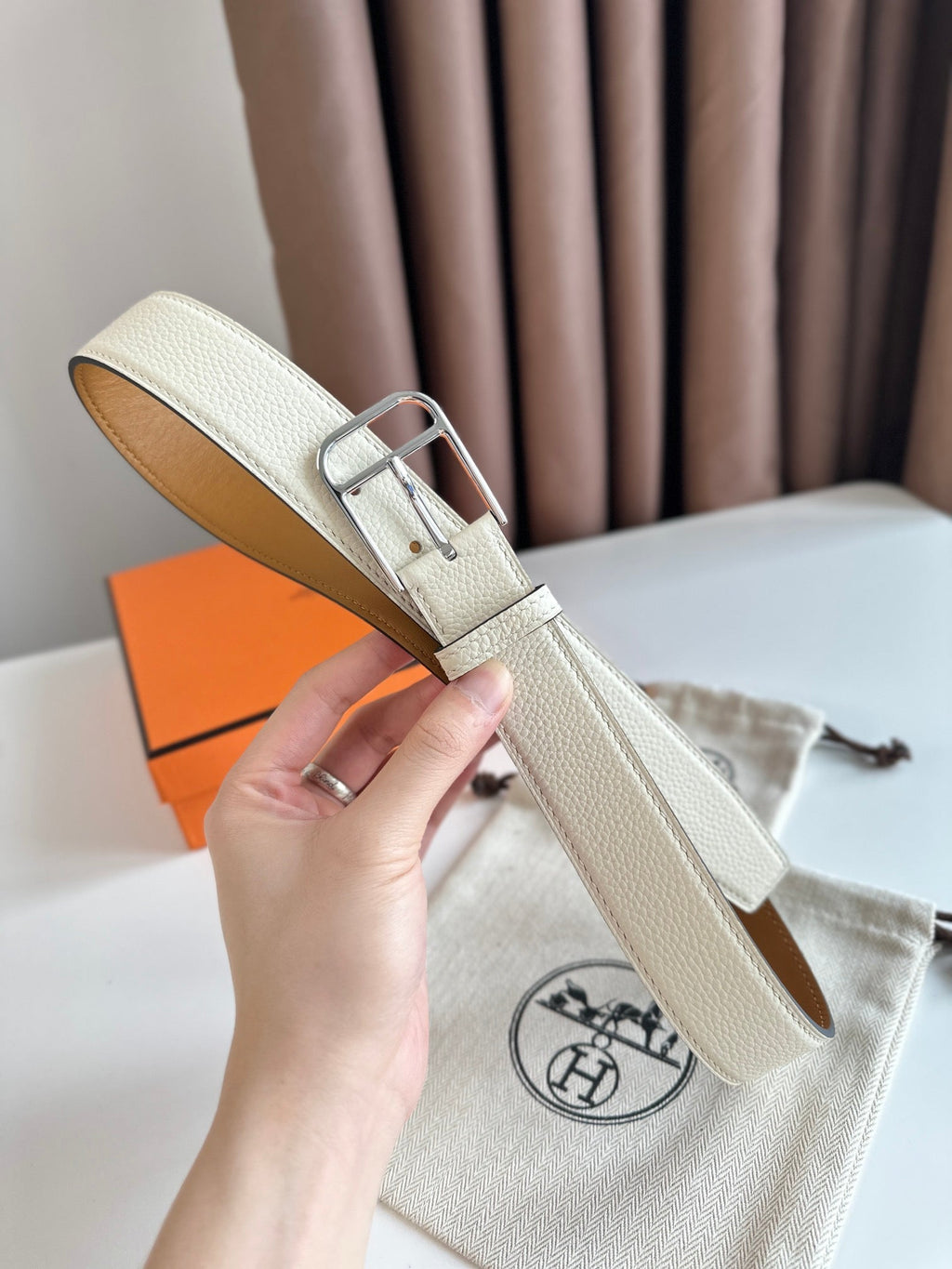 HM ROMAIN 35MM BELT WHITE CREAM LEATHER SILVER HARDWARE