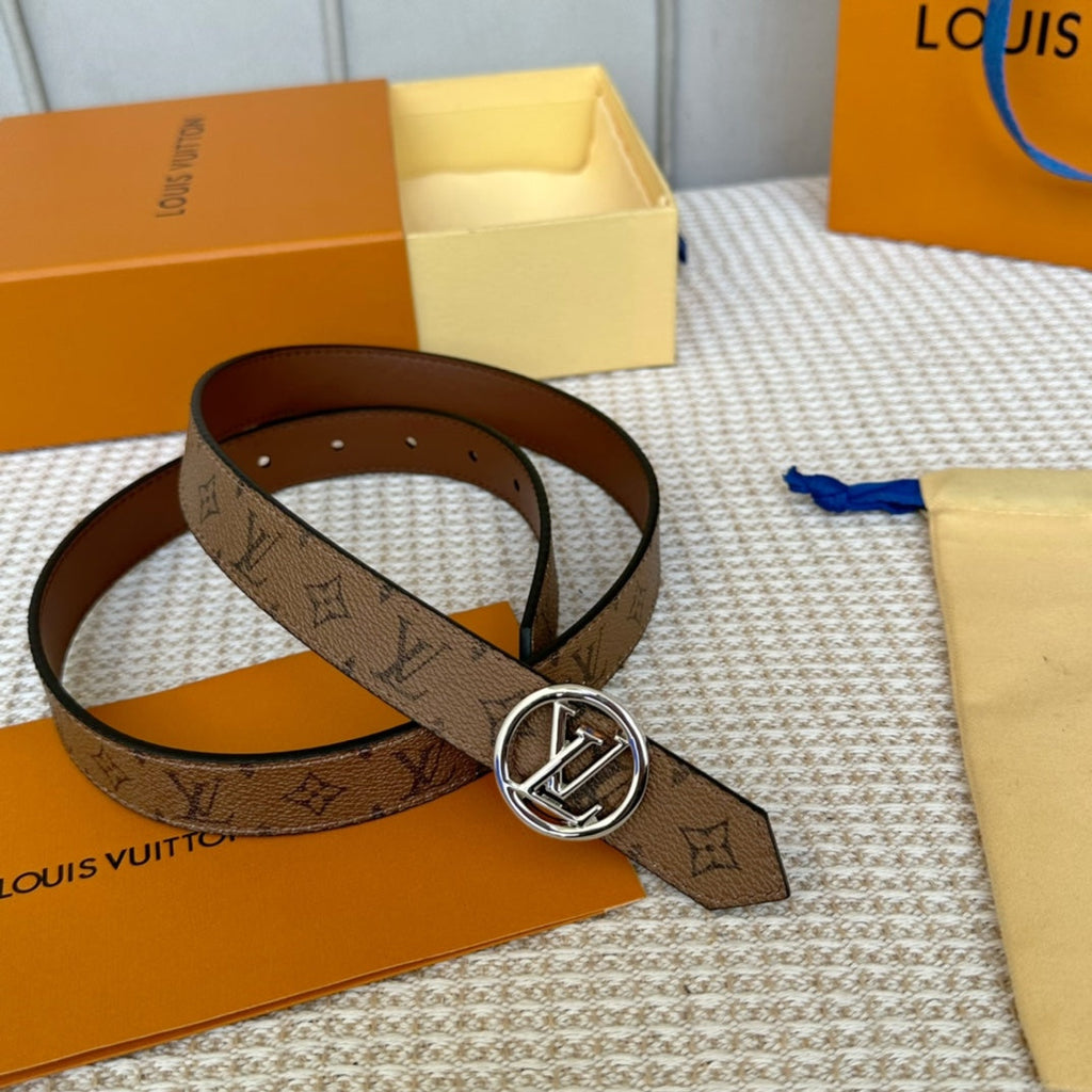 LV CIRCLE 25MM REVERSIBLE BELT MEDIUM BROWN MONOGRAM CALFSKIN SILVER HARDWARE