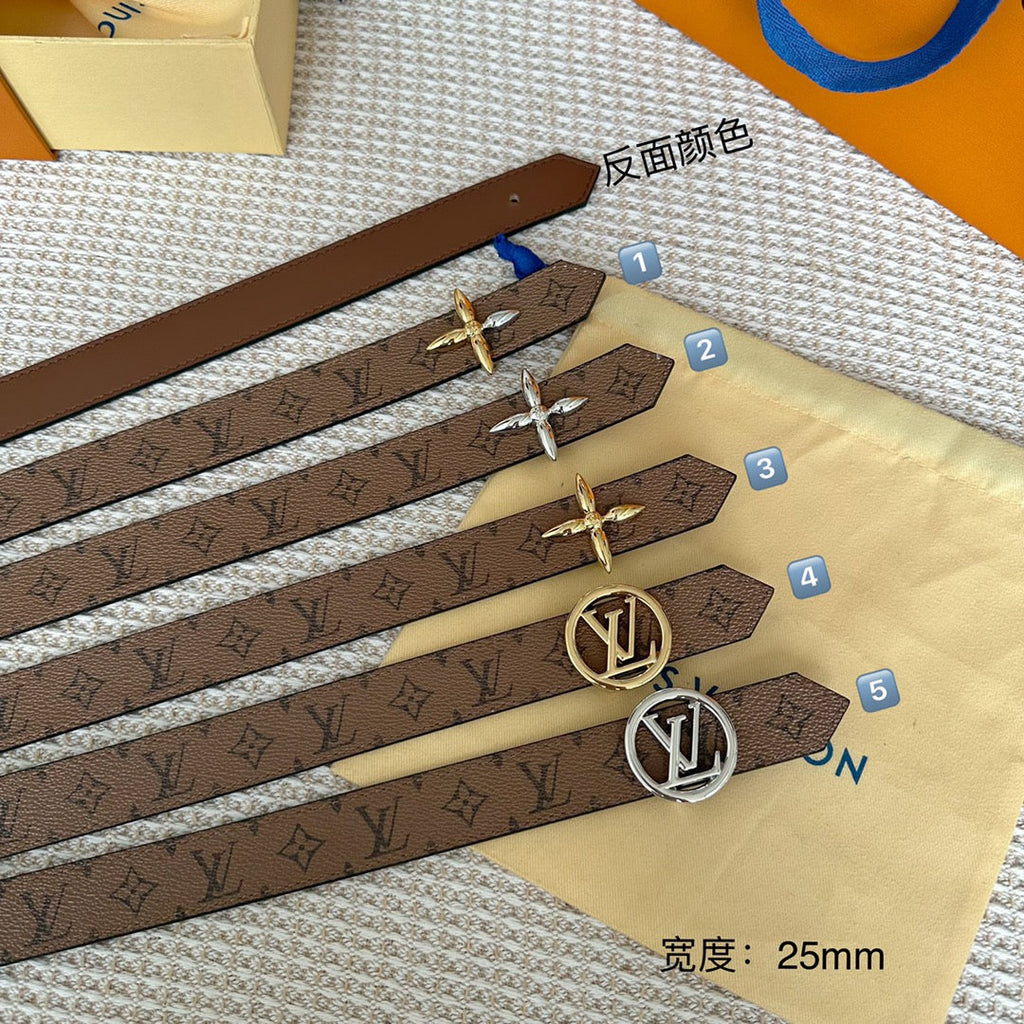 LV FLOWERGRAM 25 MM REVERSIBLE BELT IN BROWN MONOGRAM CALFSKIN GOLD HARDWARE