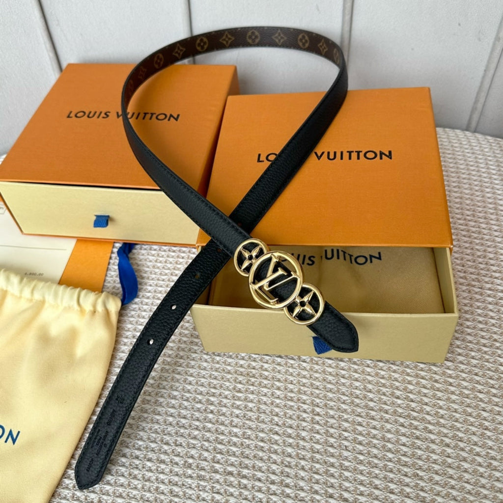 LV S-LOCK BELT 20 MM TAUPE BROWN MONOGRAM AND BLACK CALFSKIN GOLD HARDWARE