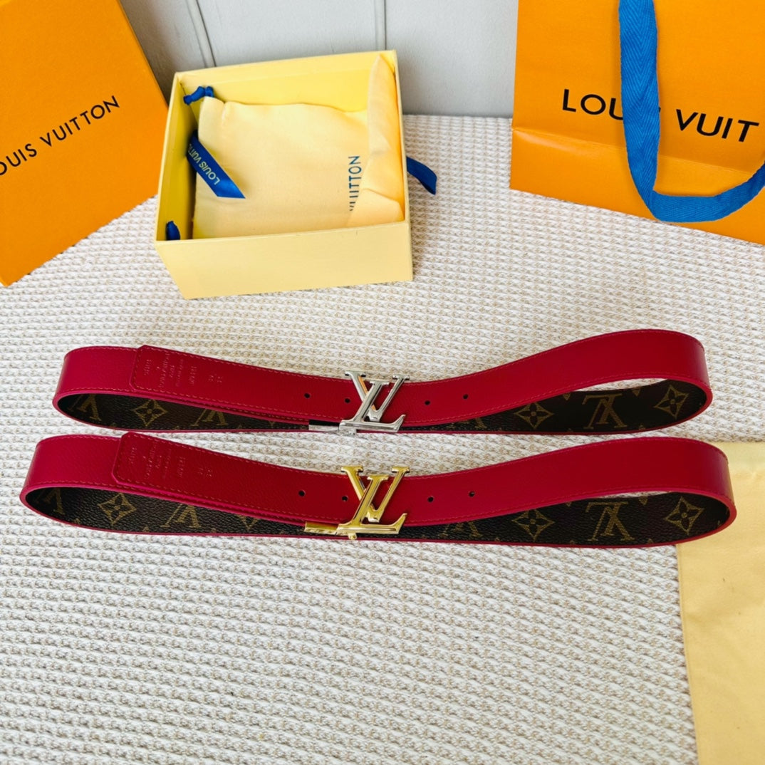 LV Initiales 30mm Reversible Belt Silver Rotating Buckle Burgundy Brown Leather