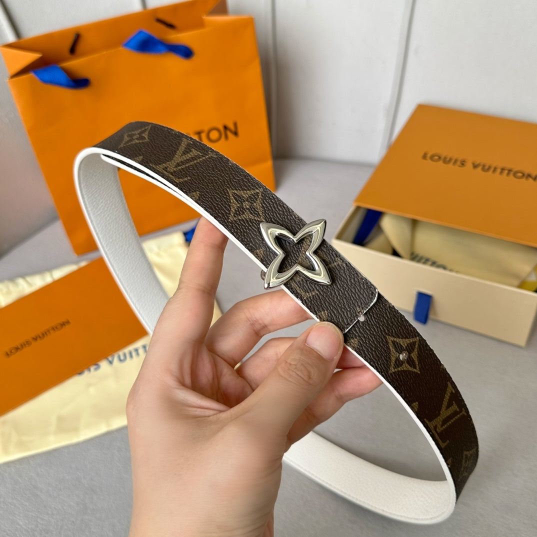 LV Flowergram 30mm Reversible Belt Silver Buckle White Brown Leather