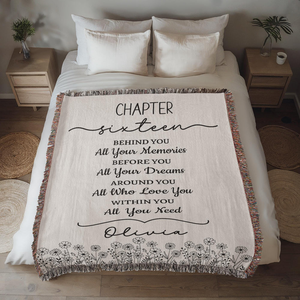 16th Birthday Gift Personalized Woven Blanket, Custom Name Cotton Throw, Sweet 16 Gifts Tapestry for Daughter Girl Boy Best Friend Besti V13