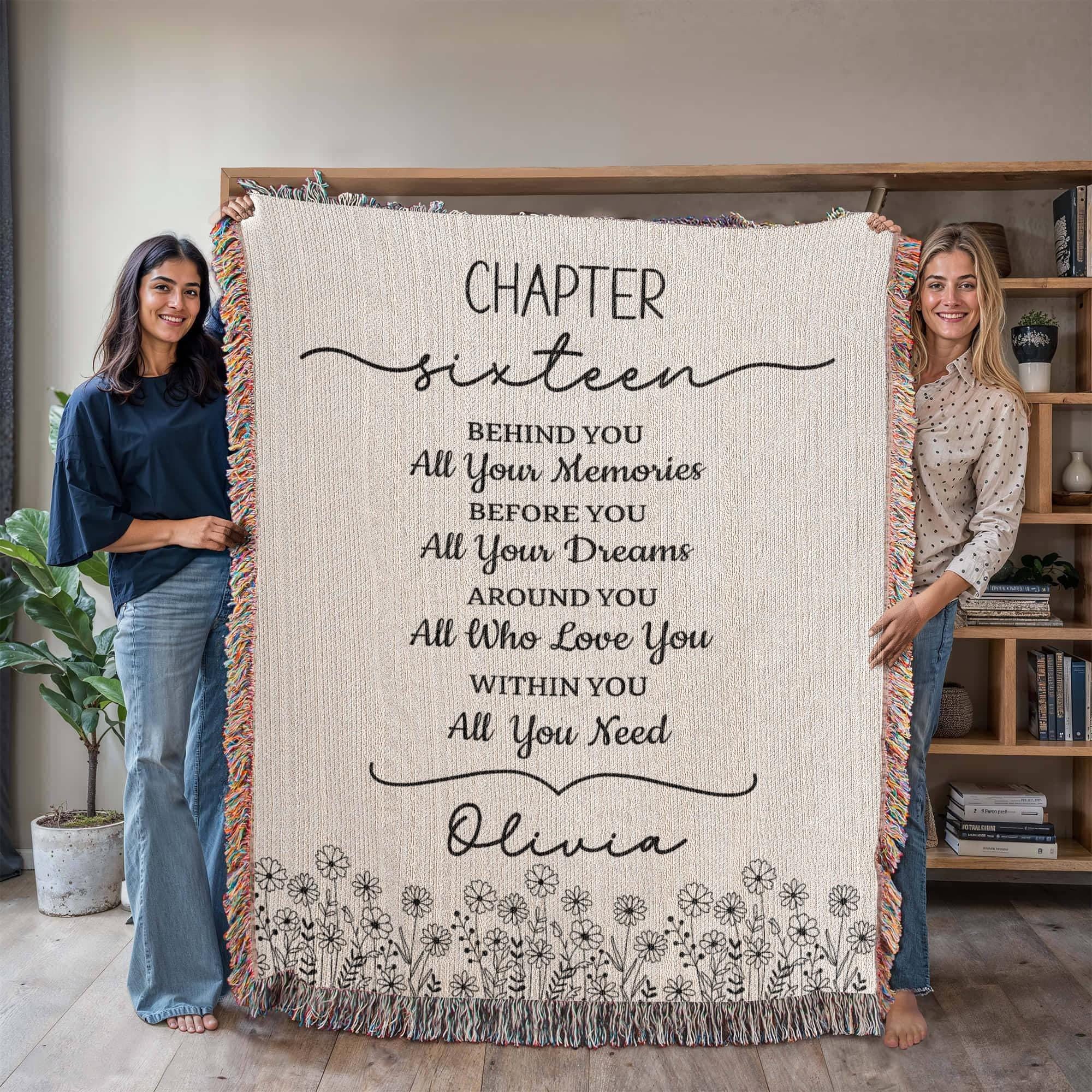 16th Birthday Gift Personalized Woven Blanket, Custom Name Cotton Throw, Sweet 16 Gifts Tapestry for Daughter Girl Boy Best Friend Besti V13