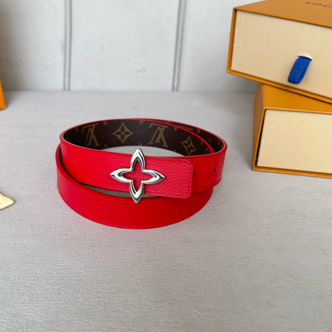 LV Flowergram 30mm Reversible Belt Silver Buckle Red Brown Leather