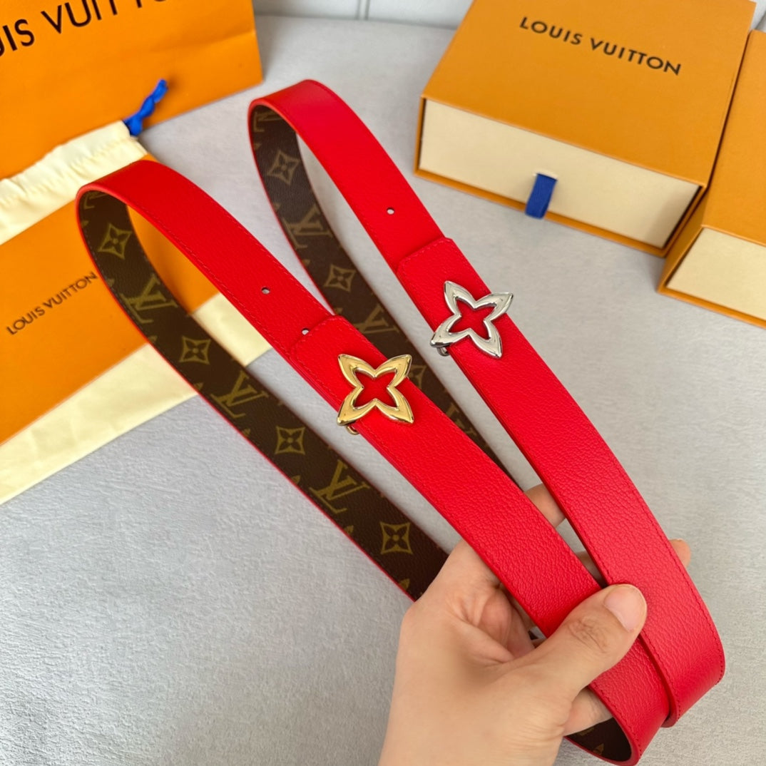 LV Flowergram 30mm Reversible Belt Silver Buckle Red Brown Leather