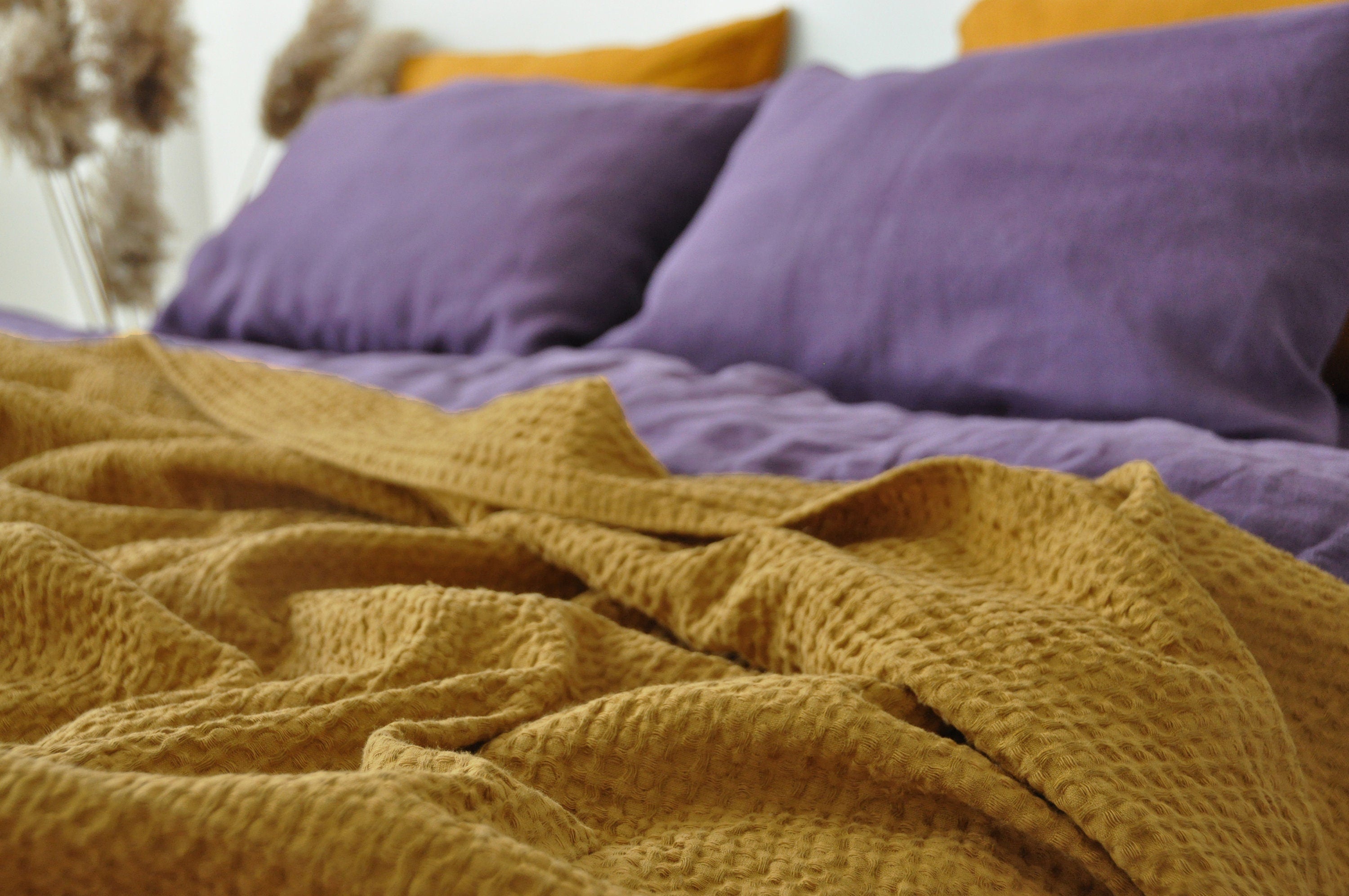 Ochre waffle linen coverlet Softened linen Heavy weight Twin Full Double Queen King California King, Custom size bed cover