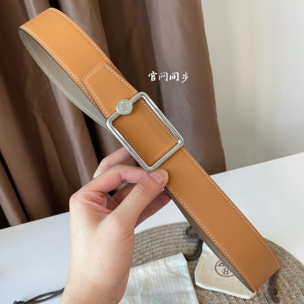 OSCAR BELT BUCKLE & REVERSIBLE KHAKI BROWN AND ORANGE LEATHER STRAP 38MM SILVER HARDWARE