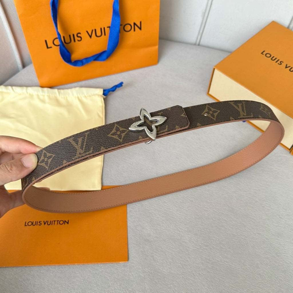 LV Flowergram 30mm Reversible Belt Silver Buckle Beige Brown Leather