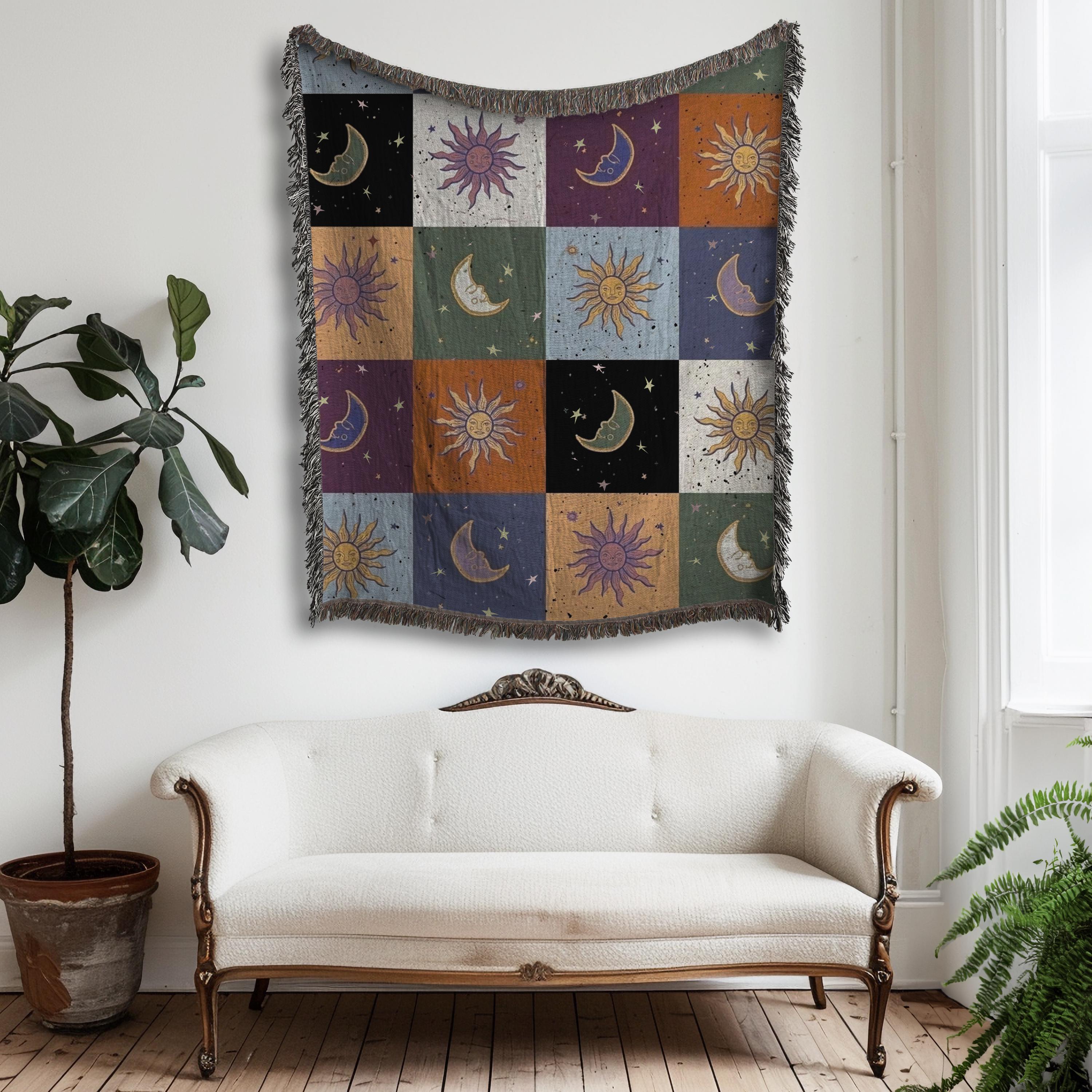 Boho Sun and Moon Woven Blanket - Celestial Checkerboard Throw Blanket, Vintage Astrology-Inspired Tapestry, Cozy Bohemian Home Decor Gift