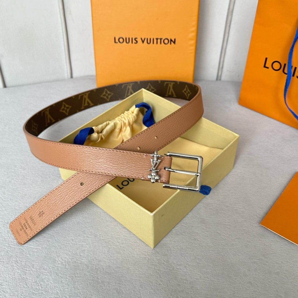 LV Bloom 30mm Belt Silver Buckle Beige Brown Leather