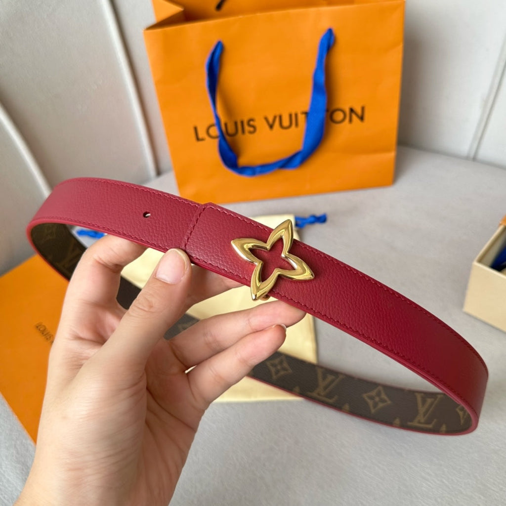 LV Flowergram 30mm Reversible Belt Gold Buckle Burgundy Brown Leather