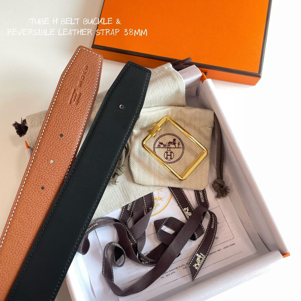 TUBE H BELT BUCKLE & REVERSIBLE BLACK AND CINNAMON BROWN LEATHER STRAP 38MM GOLD HARDWARE