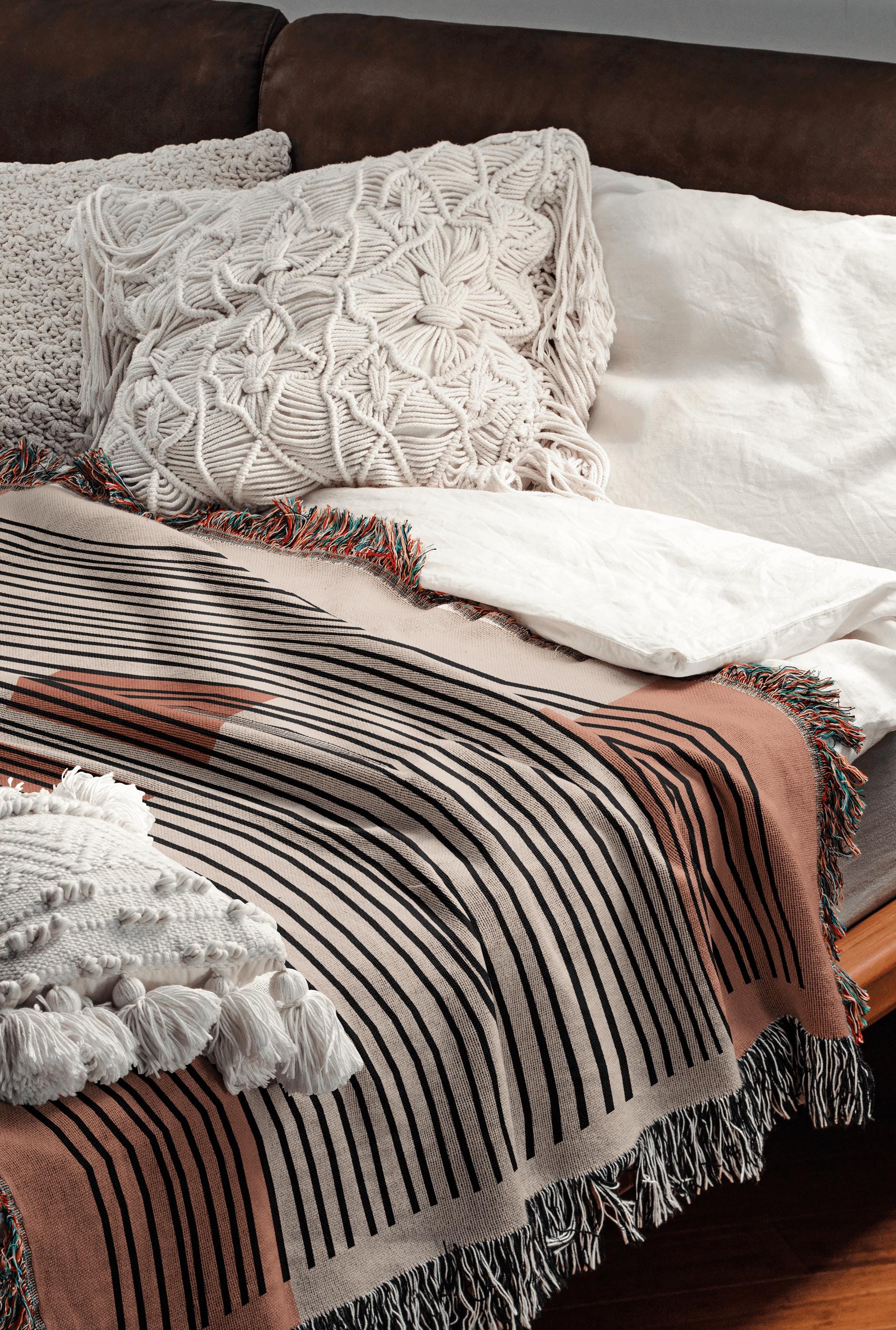 Linear Abstract Woven Cotton Blanket In Terracotta And Black