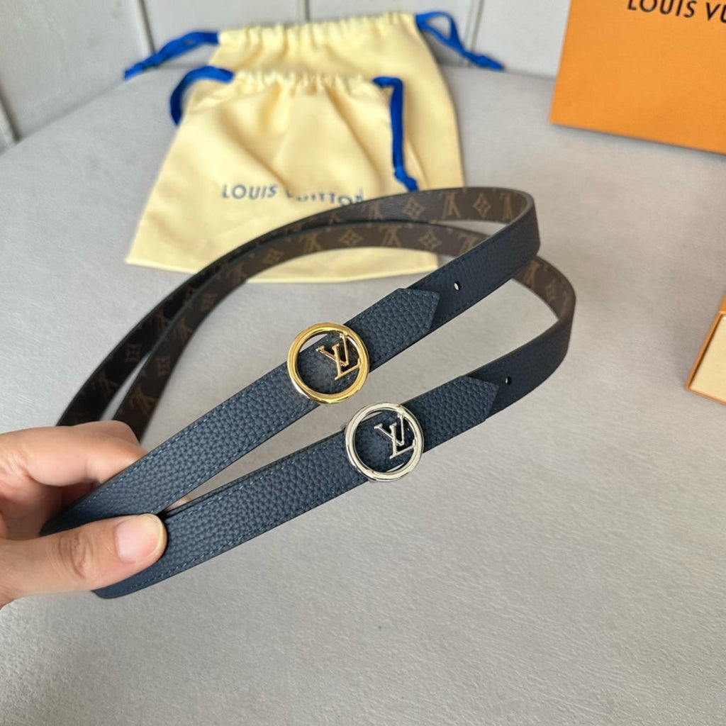 LV Circle 20mm Reversible Belt Silver Buckle Navy Blue Brown Leather
