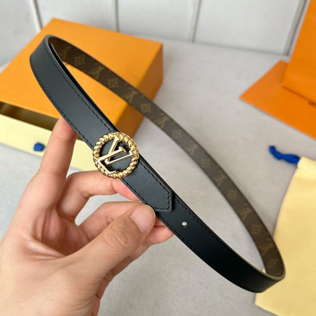 LV Circle Nautical 20mm Reversible Belt Gold Buckle Black Brown Lambskin