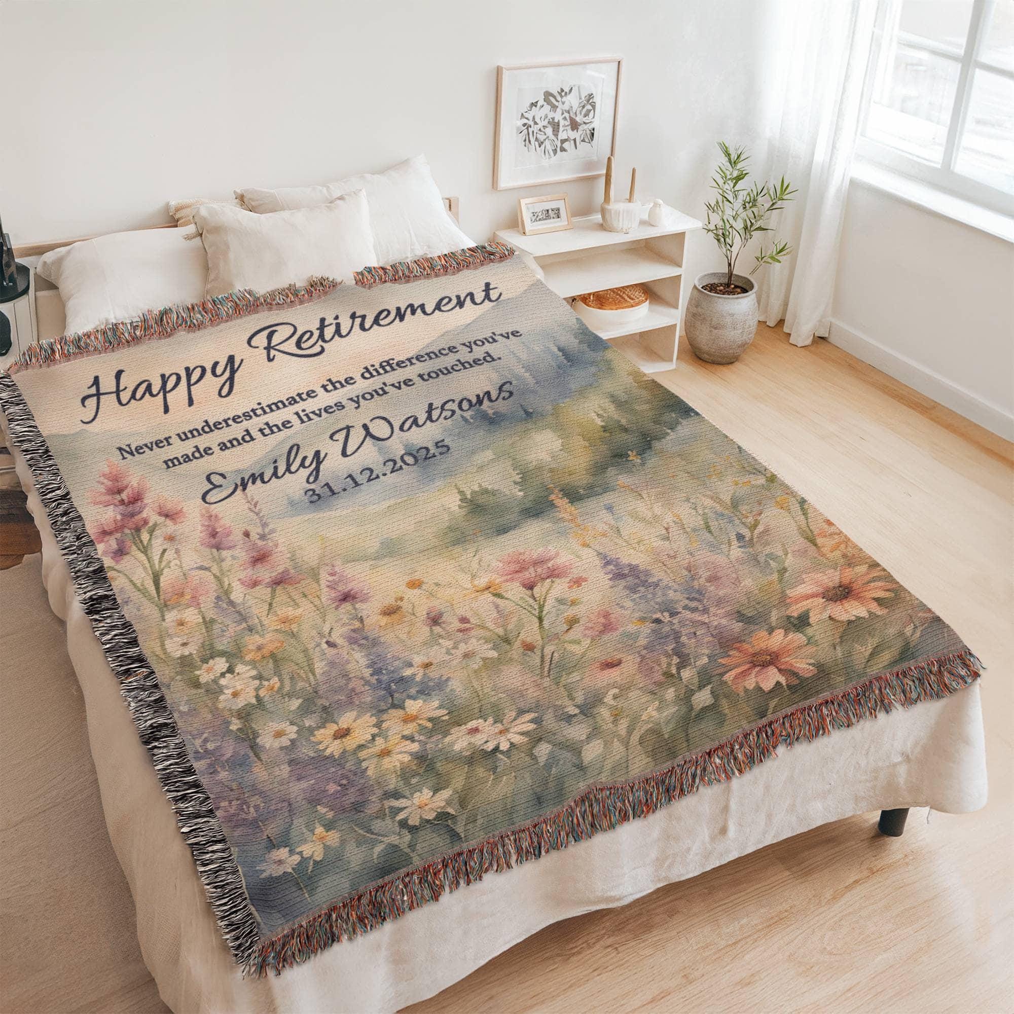 Personalized Retirement Blanket Gift, Wildflower Woven Throw for Boss, Coworker, Teacher, Nurse or Police – Farewell & Appreciation Gift