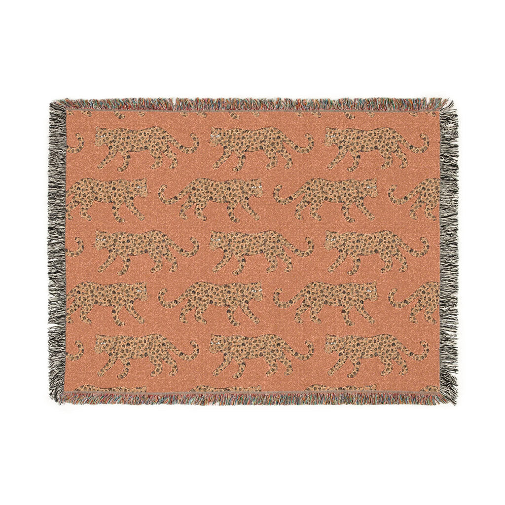 Cotton Woven Blanket, Leopard Parade, Rust Orange, Jungle Cat Decor, Cheetah Throw, Safari Theme, Animal Print, Gift for Her, Fringe Throw