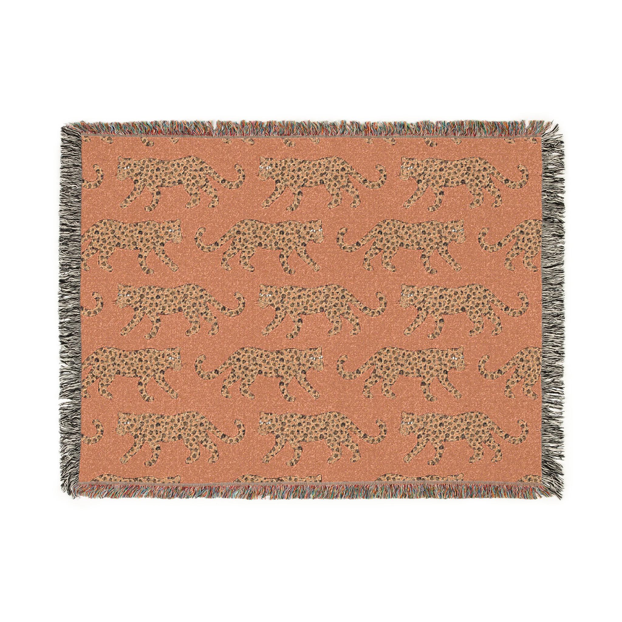 Cotton Woven Blanket, Leopard Parade, Rust Orange, Jungle Cat Decor, Cheetah Throw, Safari Theme, Animal Print, Gift for Her, Fringe Throw