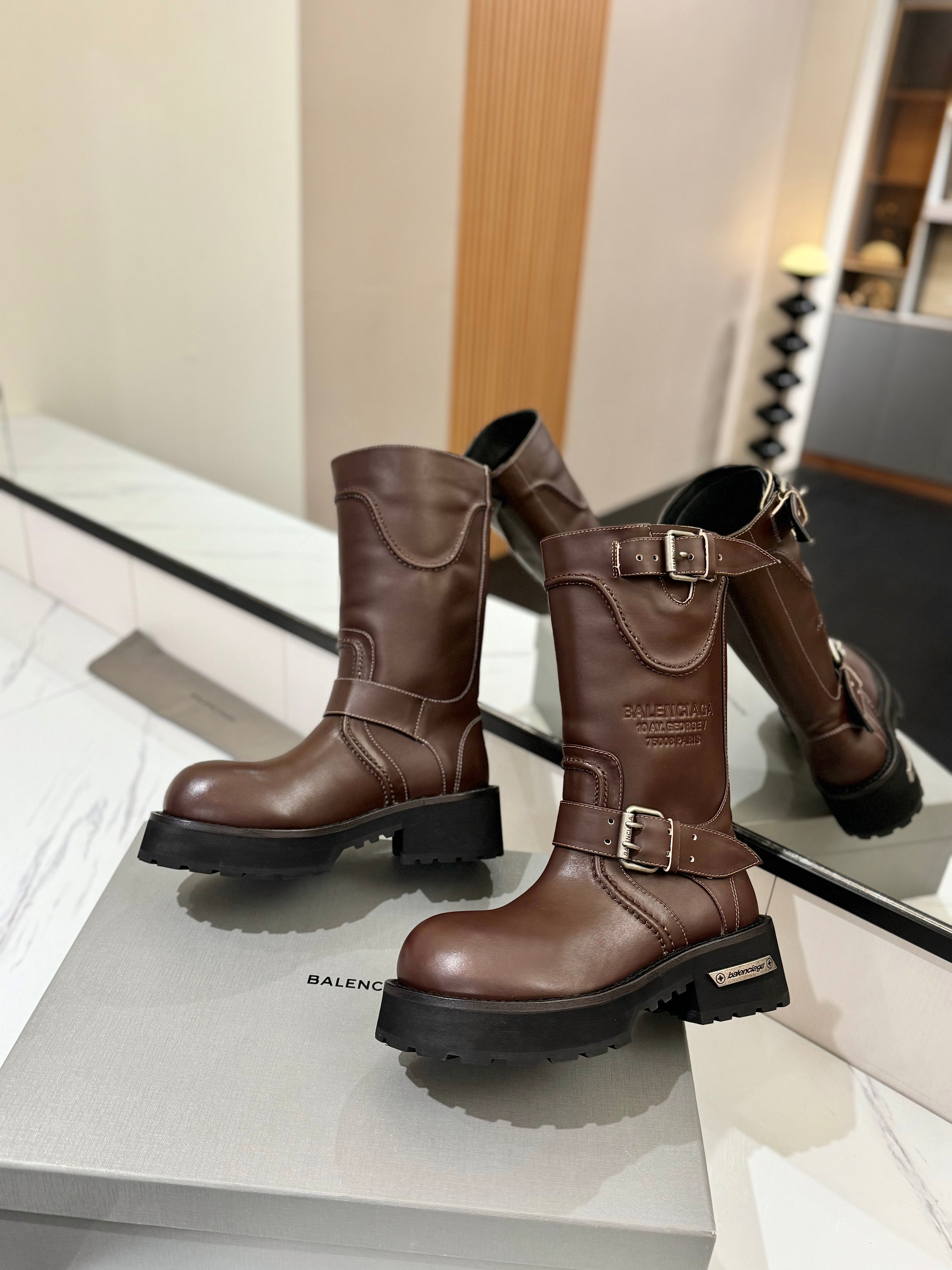 Balenciaga 25s buckled high boots brown calfskin 467612